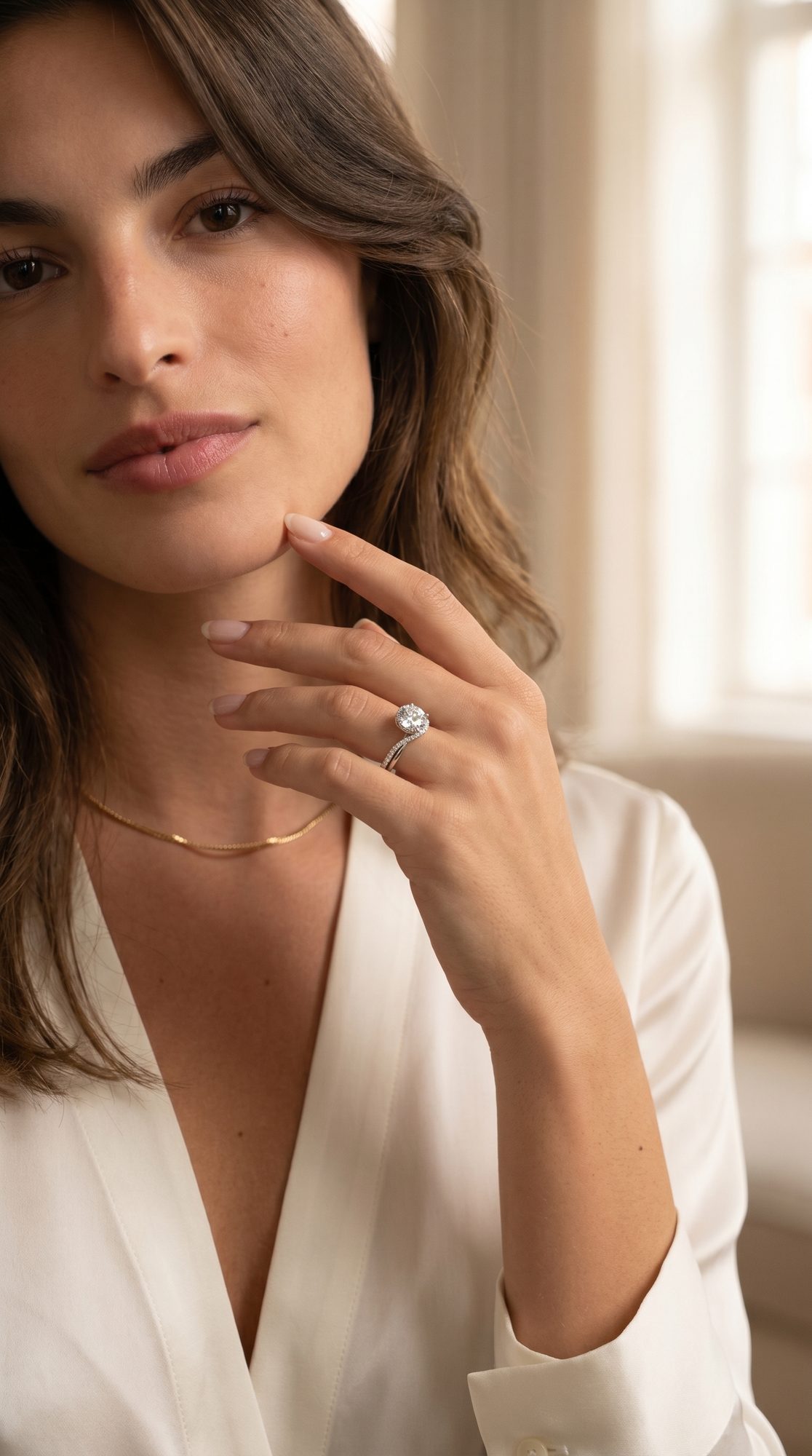 A woman wearing a Danhōv solitaire engagement ring, photographed in natural light